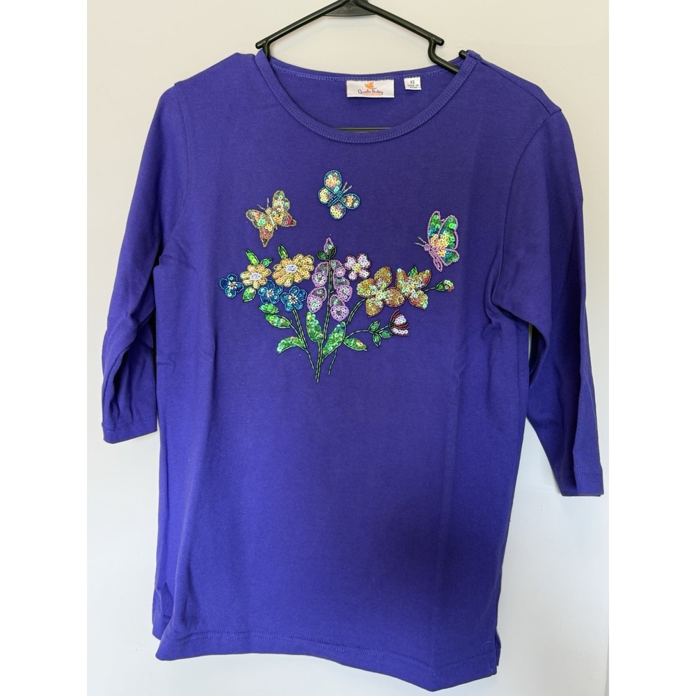 QVC Quacker Factory 3/4 Sleeve Top Purple Bead And Sequin Flowers Butterflies XS